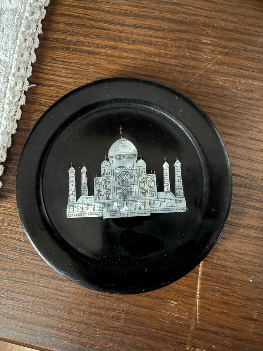 Vintage Taj Mahal Mother of Pearl Inlay Souvenir Plate 6"